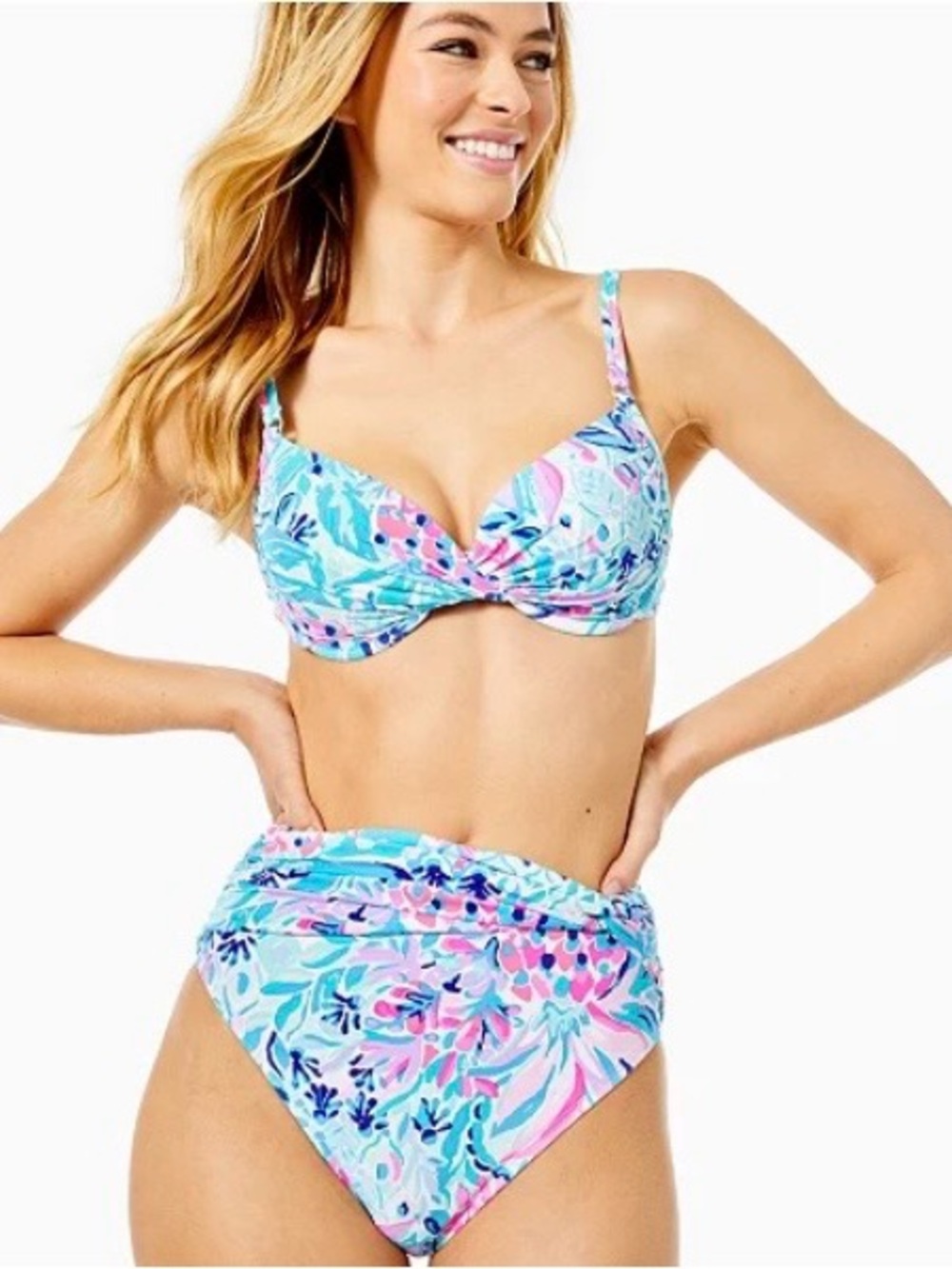 Lilly Pulitzer Tropical Floral Underwire High-Waist Bikini - Blue Pink